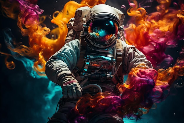 Astronauta futurista en traje espacial de alta tecnología en una superficie colorida con un fondo espacial cautivador