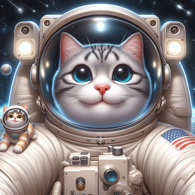 Astronauta gato bonito a montar um foguete