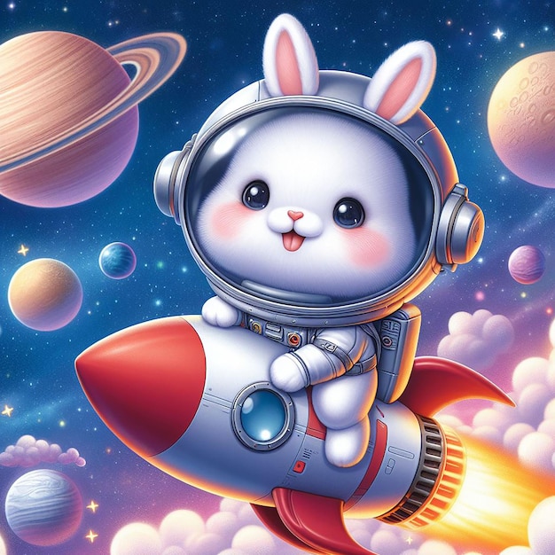 Astronauta gato bonito a montar um foguete