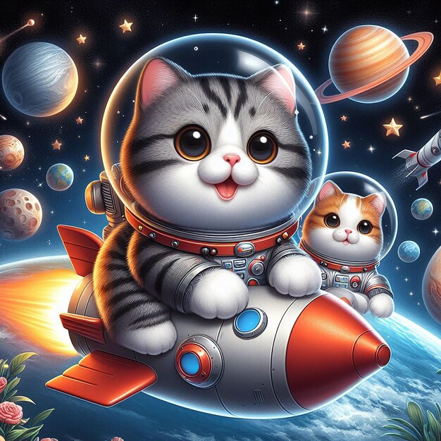 Astronauta gato bonito a montar um foguete