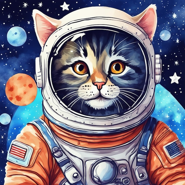 Astronauta gato cinza espacial aquarela ilustração isolada pintada à mão