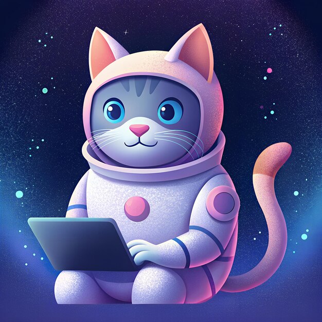 astronauta gato con una computadora portátil