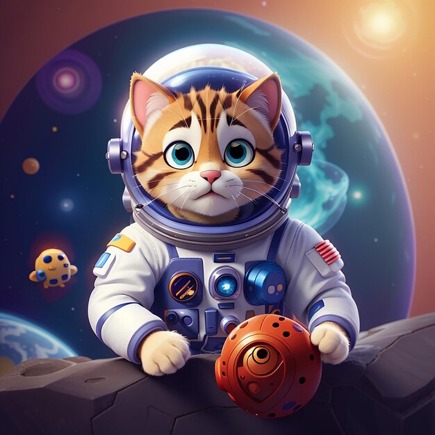 Astronauta gato lindo jugando a la pelota de hilo Ícono vectorial de dibujos animados Ilustración Icono de ciencia animal Concepto aislado Estilo de dibujo animado plano vectorial premium