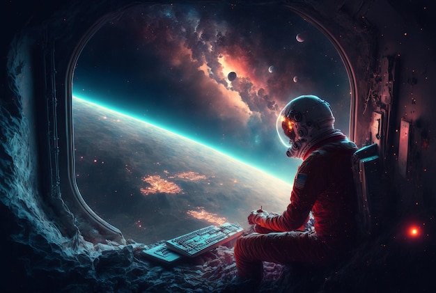 Astronauta generativo ai tocando piano sentado planeta espaço sideral