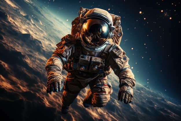 Astronauta hace caminata espacial mientras trabaja para la estación espacial en el espacio exterior IA generativa