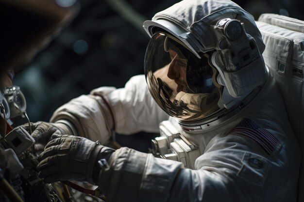 El astronauta hace una caminata espacial mientras trabaja para la estación espacial en el espacio exterior
