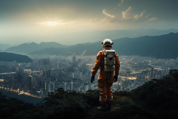 Astronauta inspeccionando la ciudad desde un paisaje alienígena