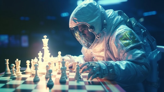 Astronauta jugando al ajedrez con piezas de ajedrez en un tablero de ajedres generativo ai