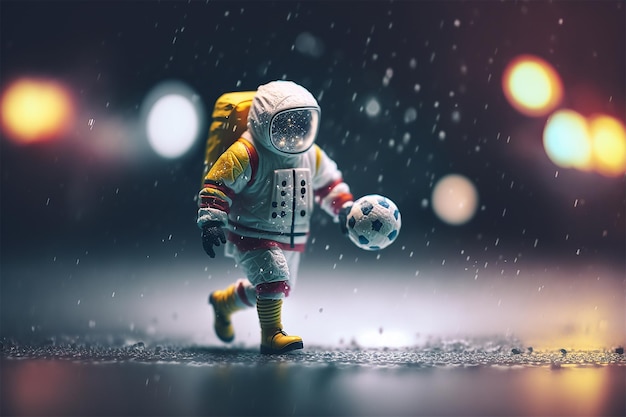 Astronauta jugando fútbol en noche lluviosa Tilt shift astronauta fotorrealista desenfocado