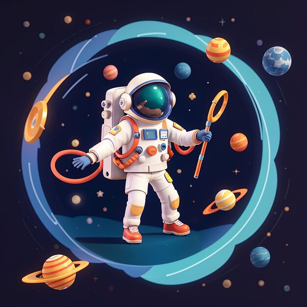 Foto astronauta jugando a hula hoop planeta icono de dibujos animados ilustración ciencia tecnología icono concepto vector premium aislado