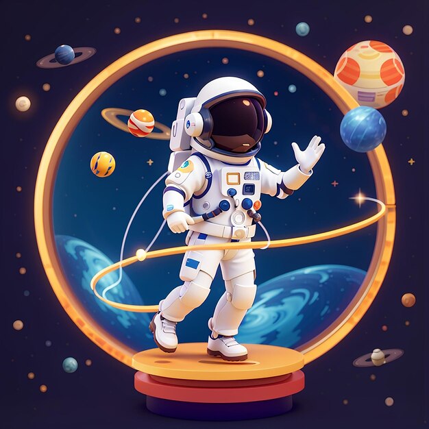 Foto astronauta jugando a hula hoop planeta icono de dibujos animados vector ilustración ciencia tecnología icono concepto aislado vector premium estilo de dibujo animado plano