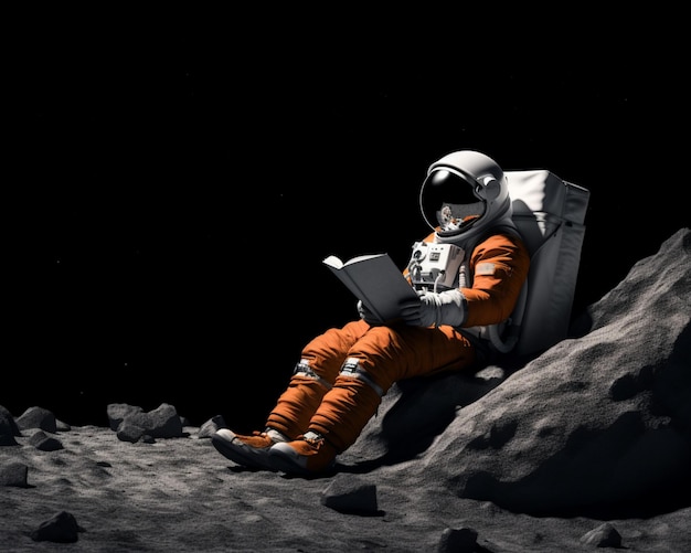 Astronauta lendo o livro na lua