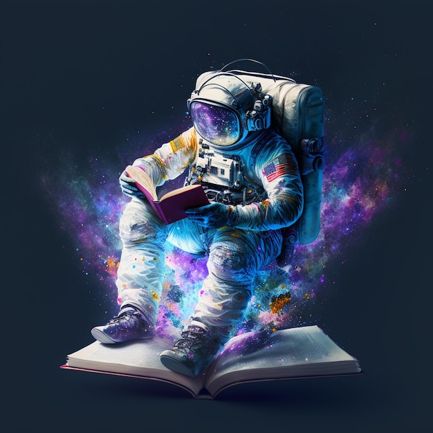 Foto un astronauta leyendo un libro con un fondo morado y un fondo morado.