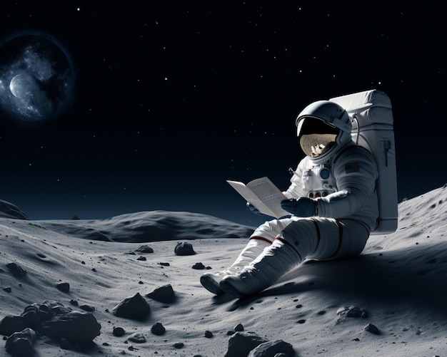 Astronauta leyendo el libro en la luna