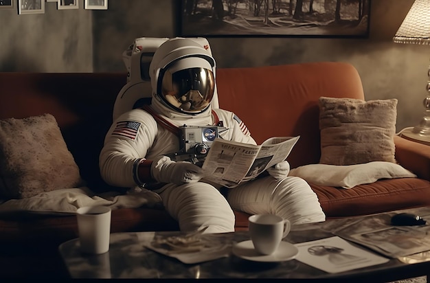 Astronauta leyendo un periódico en un sofá