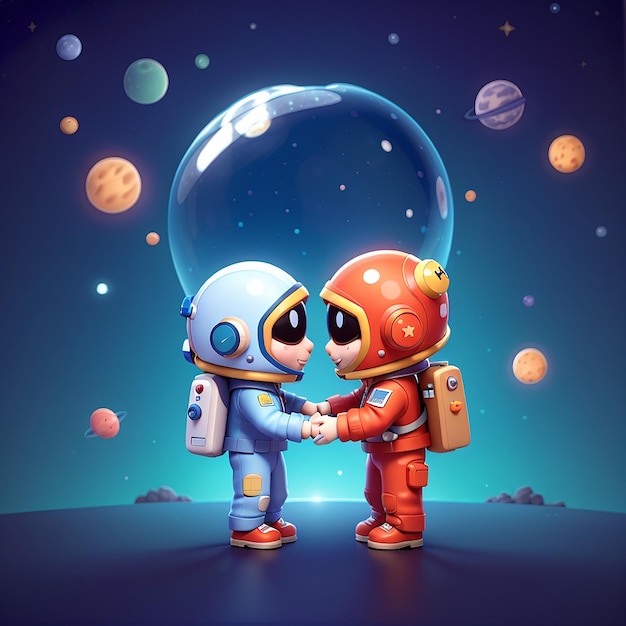 Foto astronauta lindo y alienígena abrazan corazón de amor icono de dibujos animados vectorial ilustración ciencia tecnología icono concepto aislado estilo de dibujo animado plano vectorial premium