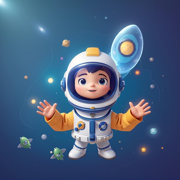 Astronauta lindo con alienígena lindo agitando la mano en el espacio juntos icono vectorial de dibujos animados Ilustración Ciencia Tecnología Icono Concepto aislado estilo de dibujo animado plano vectorial premium