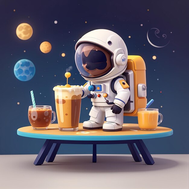 Astronauta lindo Beber café Espacio icono de dibujos animados vectorial Ilustración Ciencia icono de bebidas Concepto aislado estilo de dibuyos animados plano vectorial premium