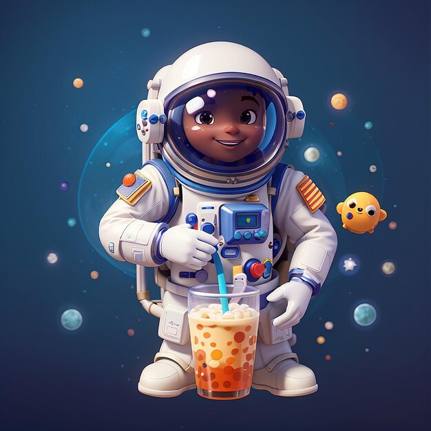 Astronauta lindo bebiendo té de leche Boba Icono de dibujos animados del espacio Icono vectorial Ilustración de ciencia Icono de bebidas Concepto aislado Estilo de dibujo animado plano vectorial premium