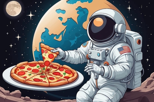 Foto astronauta lindo comiendo pizza en la luna icono vectorial de dibujos animados ilustración ciencia icono de comida aislado plano