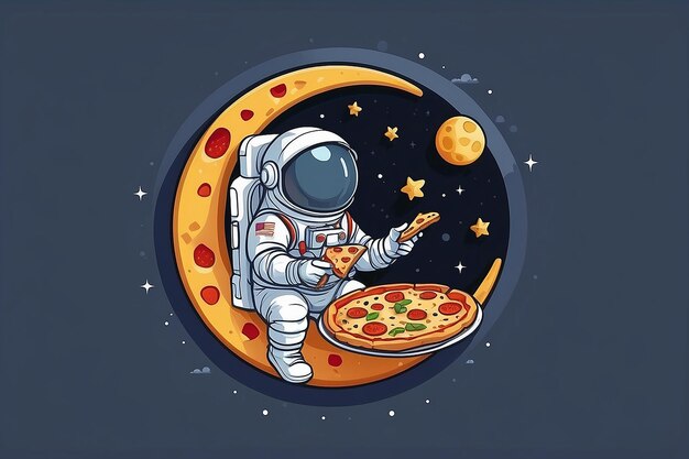 Foto astronauta lindo comiendo pizza en la luna icono vectorial de dibujos animados ilustración ciencia icono de comida aislado plano