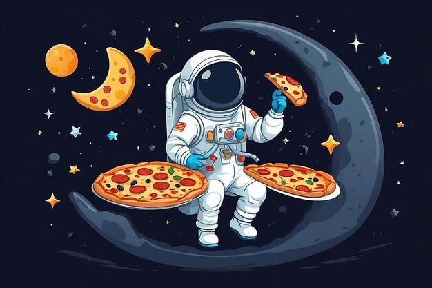 Foto astronauta lindo comiendo pizza en la luna icono vectorial de dibujos animados ilustración ciencia icono de comida aislado plano