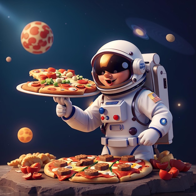 Astronauta lindo comiendo pizza en el planeta Icono vectorial de dibujos animados Ilustración Ciencia Icono de comida Concepto aislado Vector plano de estilo caricatura premium