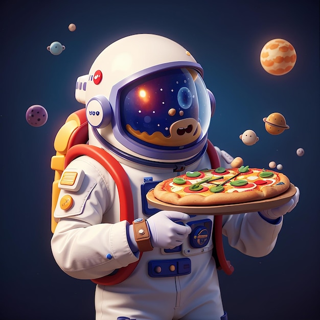 Astronauta lindo comiendo pizza en el planeta Icono vectorial de dibujos animados Ilustración Ciencia Icono de comida Concepto aislado Vector plano de estilo caricatura premium