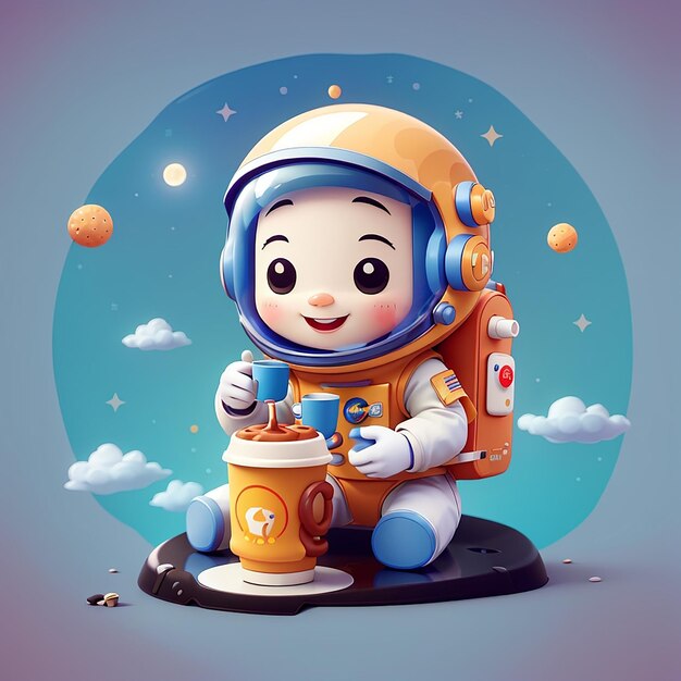 Astronauta lindo comiendo rosquilla y sosteniendo una taza de café en la Luna Icono vectorial de dibujos animados Ilustración Ciencia Icono de comida Concepto aislado Estilo de dibujus animados plano vectorial premium