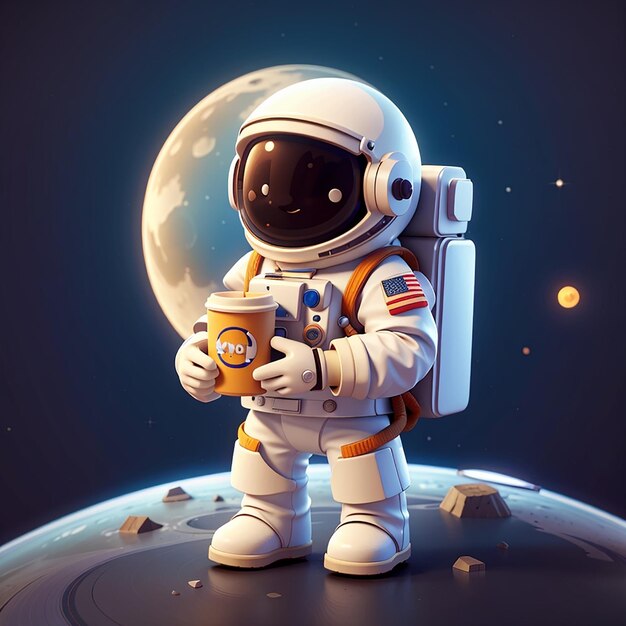 Astronauta lindo disfrutando de café en la Luna Drin de dibujos animados de ciencia