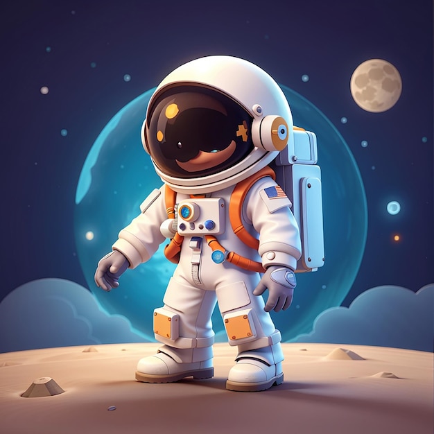 Astronauta lindo empujando la luna icono vectorial de dibujos animados ilustración icono de tecnología científica aislado