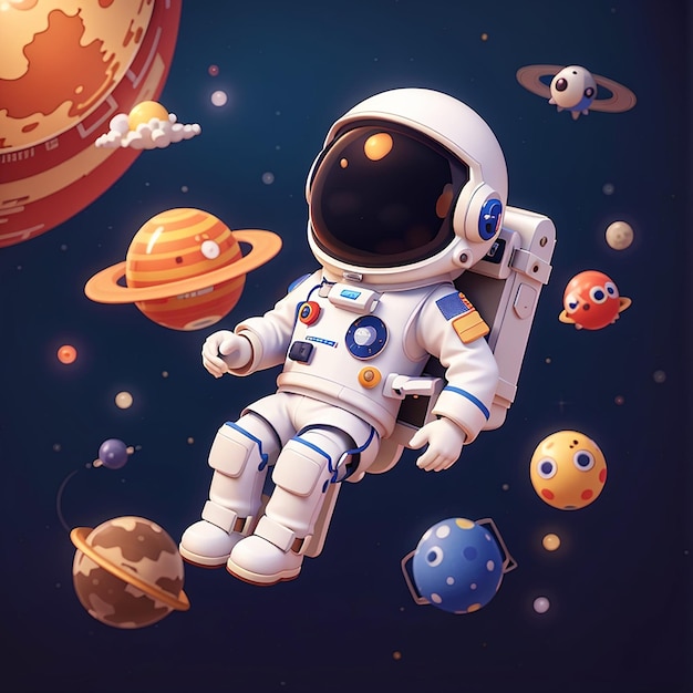 Astronauta lindo flotando en el espacio con planeta dibujos animados icono vectorial ilustración tecnología científica
