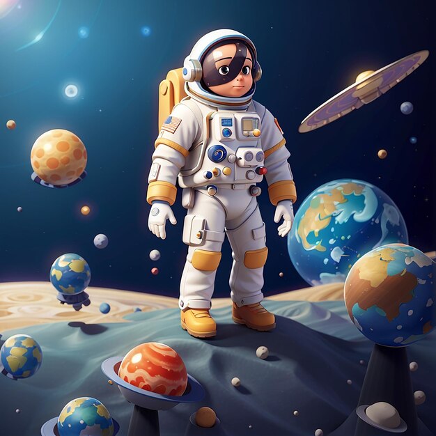 Astronauta lindo flotando con planetas Ícono vectorial de dibujos animados Ilustración Icono espacial Concepto aislado Estilo de dibujo animado plano vectorial premium