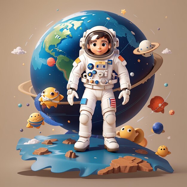Foto astronauta lindo flotando con planetas ícono vectorial de dibujos animados ilustración icono espacial concepto aislado estilo de dibujo animado plano vectorial premium