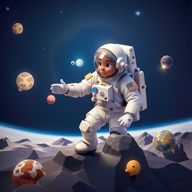 Foto astronauta lindo flotando con planetas ícono vectorial de dibujos animados ilustración icono espacial concepto aislado estilo de dibujo animado plano vectorial premium