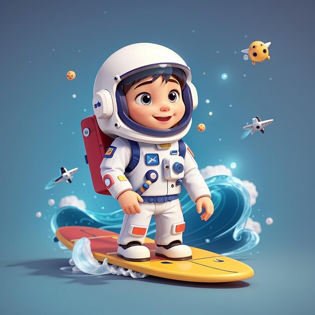 Un astronauta lindo haciendo surf, un icono de dibujos animados, una ilustración vectorial, una ciencia, un ícono deportivo, un concepto, un piso aislado.