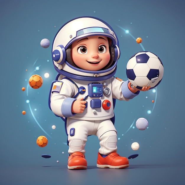 Astronauta lindo jugando al fútbol con la pelota de la luna icono vectorial de dibujos animados ilustración ciencia deporte plano