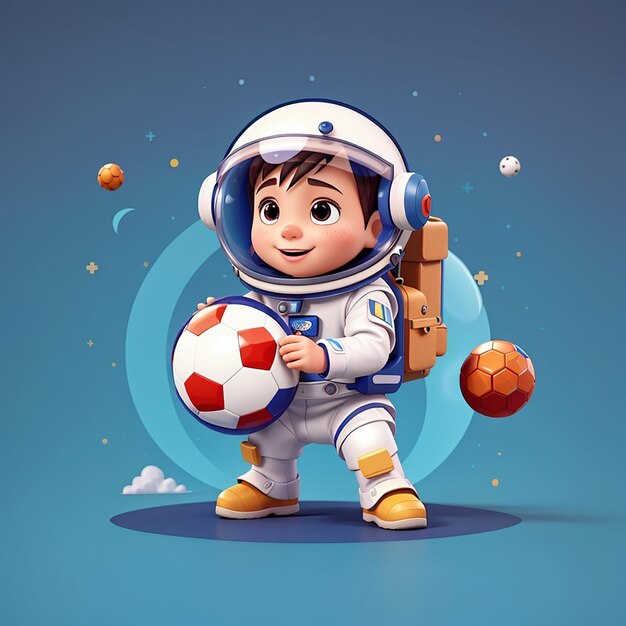 Astronauta lindo jugando al fútbol con la pelota del planeta icona vectorial de dibujos animados ilustración de ciencia deporte plano