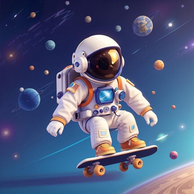 Astronauta lindo jugando al patineta con el icono vectorial de dibujos animados de estrellas Ilustración Ciencia Icono deportivo Concepto Vector premium aislado