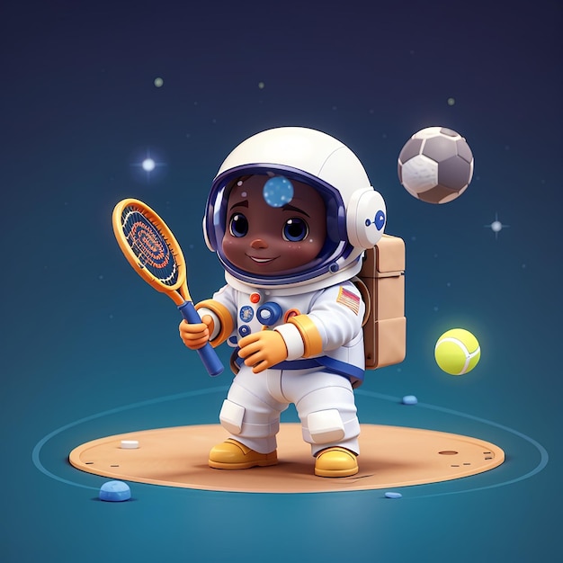 Astronauta lindo jugando al tenis bola de luna icono de dibujos animados vectorial ilustración ciencia deporte aislado