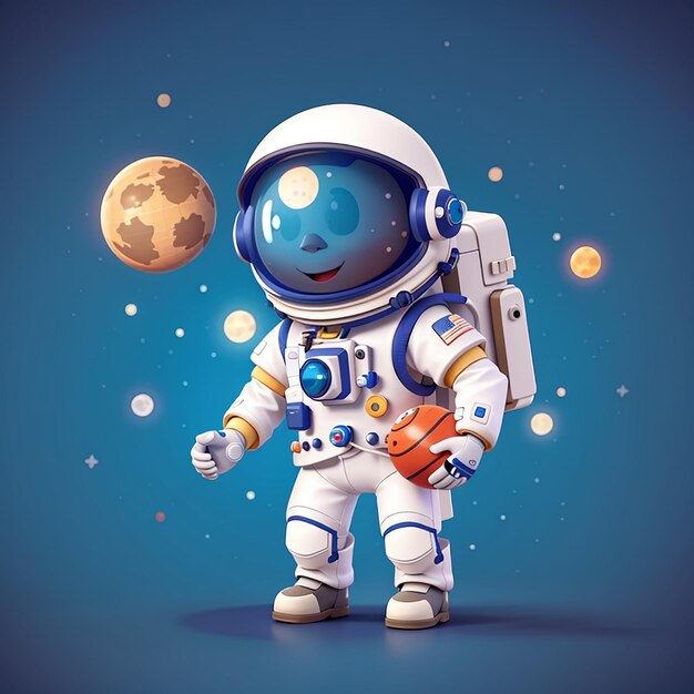 Astronauta lindo jugando a la bola de la Tierra y la Luna Ilustración deportiva científica