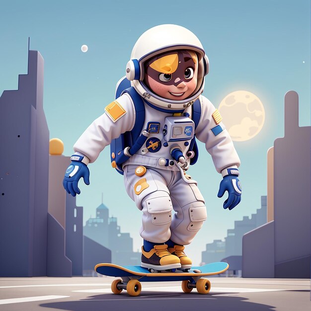 Foto astronauta lindo jugando a la patineta icono vectorial de dibujos animados ilustración icono deportivo espacial concepto aislado estilo de dibujus animados plano vectorial premium