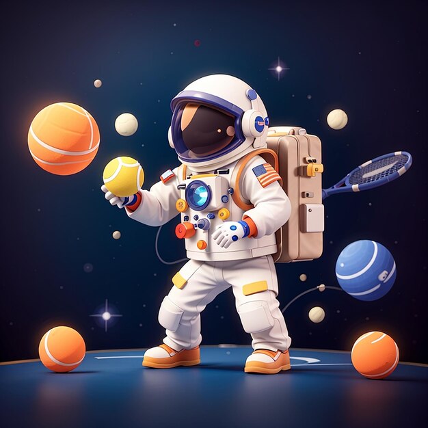 Astronauta lindo jugando a la pelota de tenis de la luna en el espacio dibujos animados icono vectorial ilustración ciencia deporte