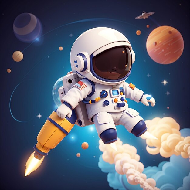 Astronauta lindo montando un cohete en el espacio dibujos animados icono vectorial ilustración ciencia tecnología aislada