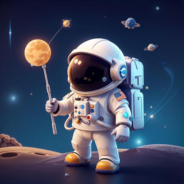 Astronauta lindo pescador estrella en el planeta icono vectorial de dibujos animados ilustración gente ciencia icono espacial concepto aislado vector premium