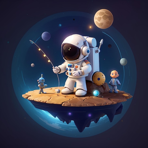 Astronauta lindo pescador estrella en el planeta icono vectorial de dibujos animados ilustración gente ciencia icono espacial concepto aislado vector premium