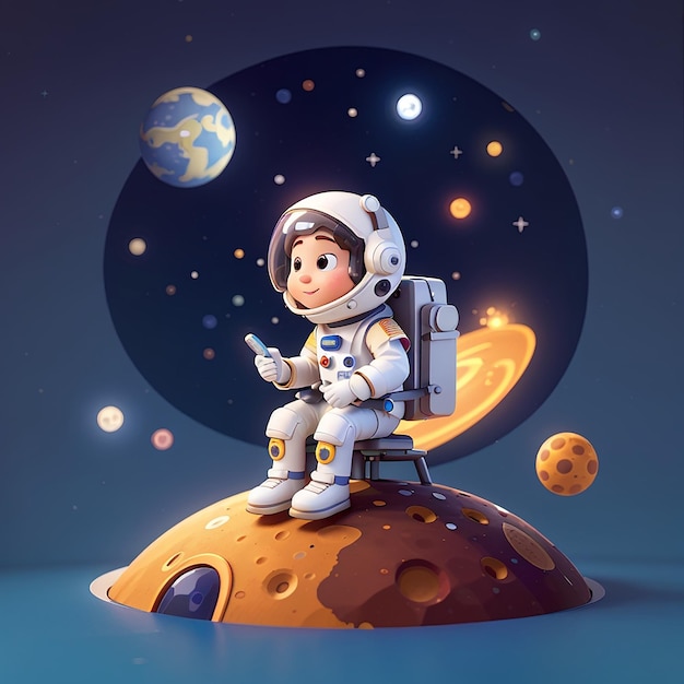 Astronauta lindo sentado en la Luna Icono vectorial de dibujos animados Ilustración Ciencia Tecnología Icono Concepto Aislado Estilo de dibuyos animados plano vectorial premium