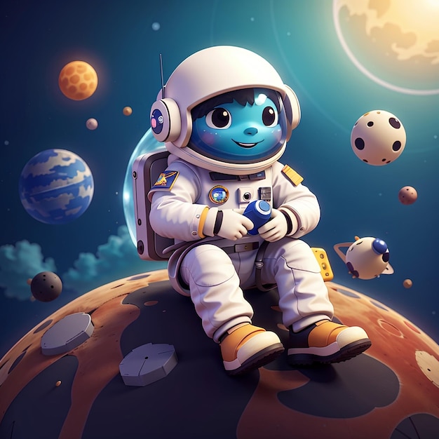 Astronauta lindo sentado en un planeta icono vectorial de dibujos animados ilustración icono de tecnología científica aislado