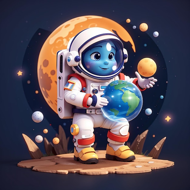 Astronauta lindo soplando el planeta y la luna burbuja espacial dibujos animados icono vectorial ilustración ciencia techno