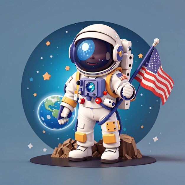 Astronauta lindo sosteniendo la bandera del planeta en la luna icono vectorial de dibujos animados ilustración icono de tecnología científica